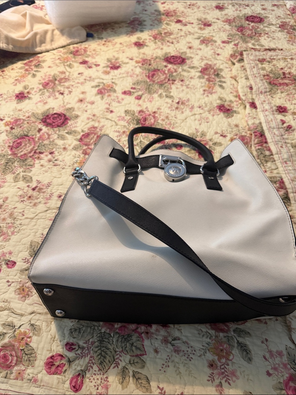 Michael Kors White and Black Leather Tote with Turn-Lock Accent